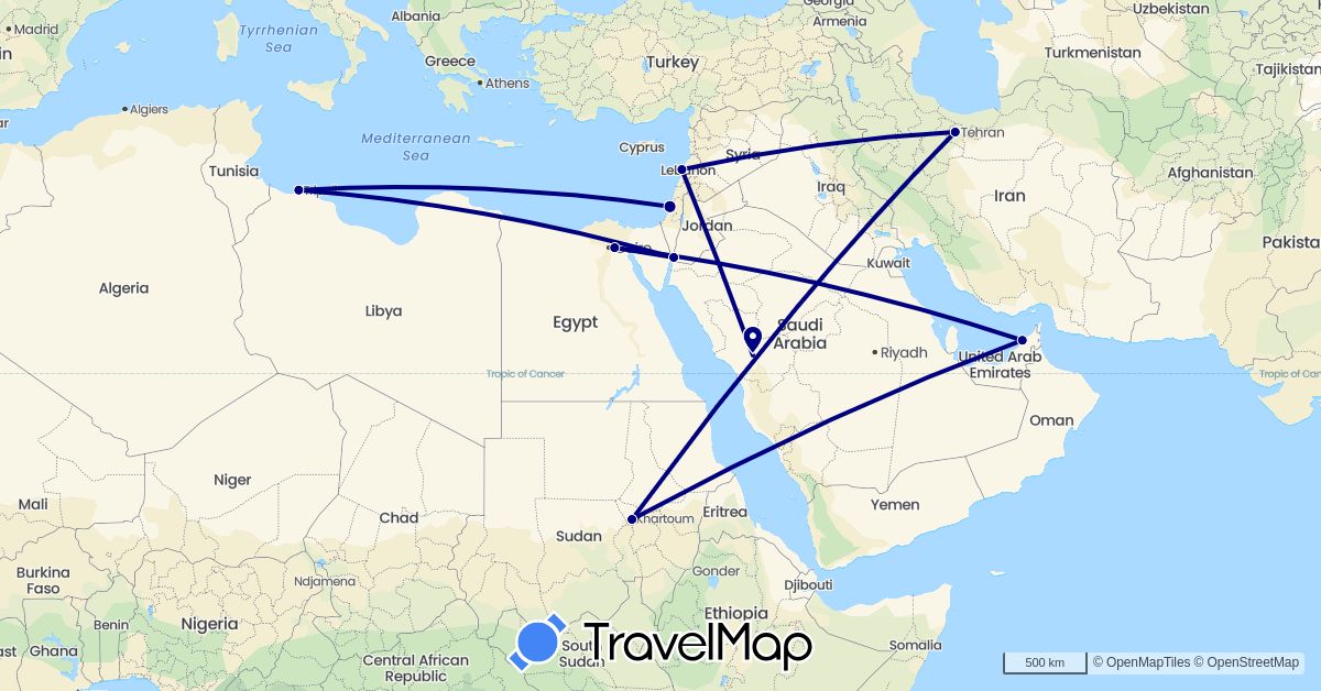 TravelMap itinerary: driving in United Arab Emirates, Egypt, Israel, Iran, Jordan, Lebanon, Libya, Saudi Arabia, Sudan (Africa, Asia)
